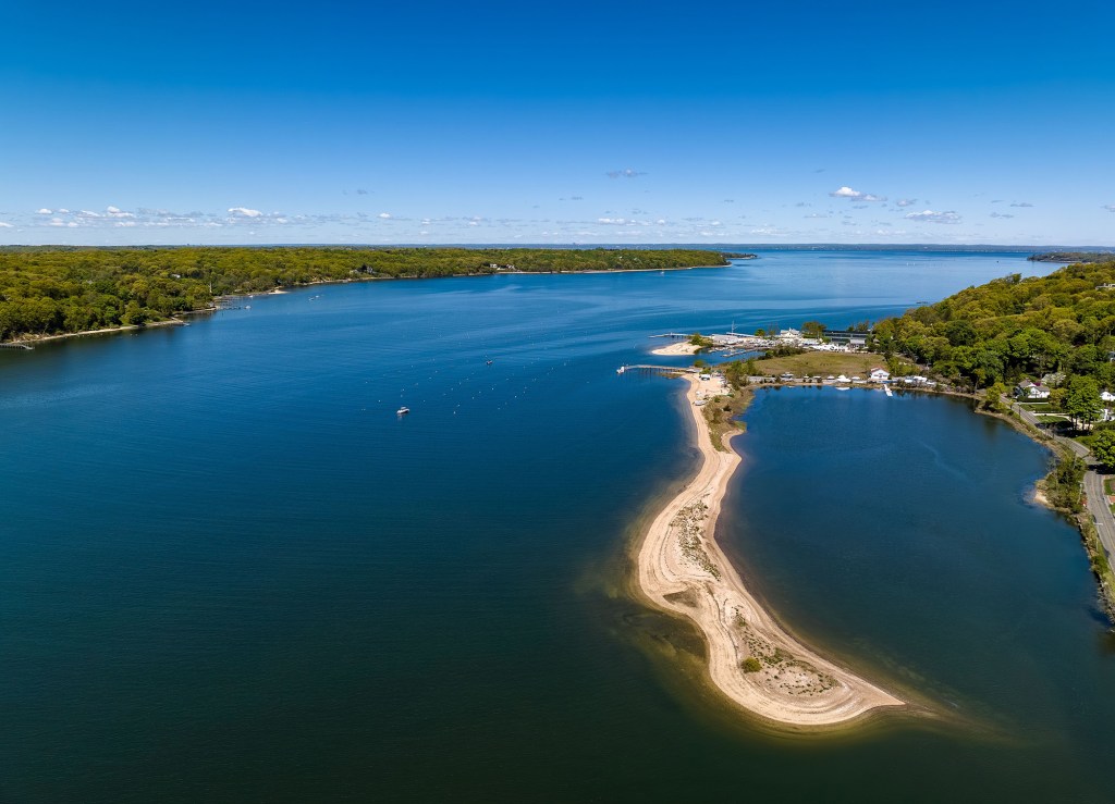Aerial view of a sandbar in Oyster Bay, Long Island.