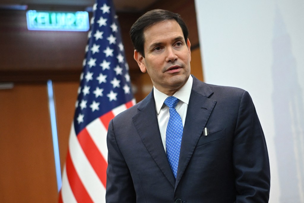 Marco Rubio giving a media briefing.