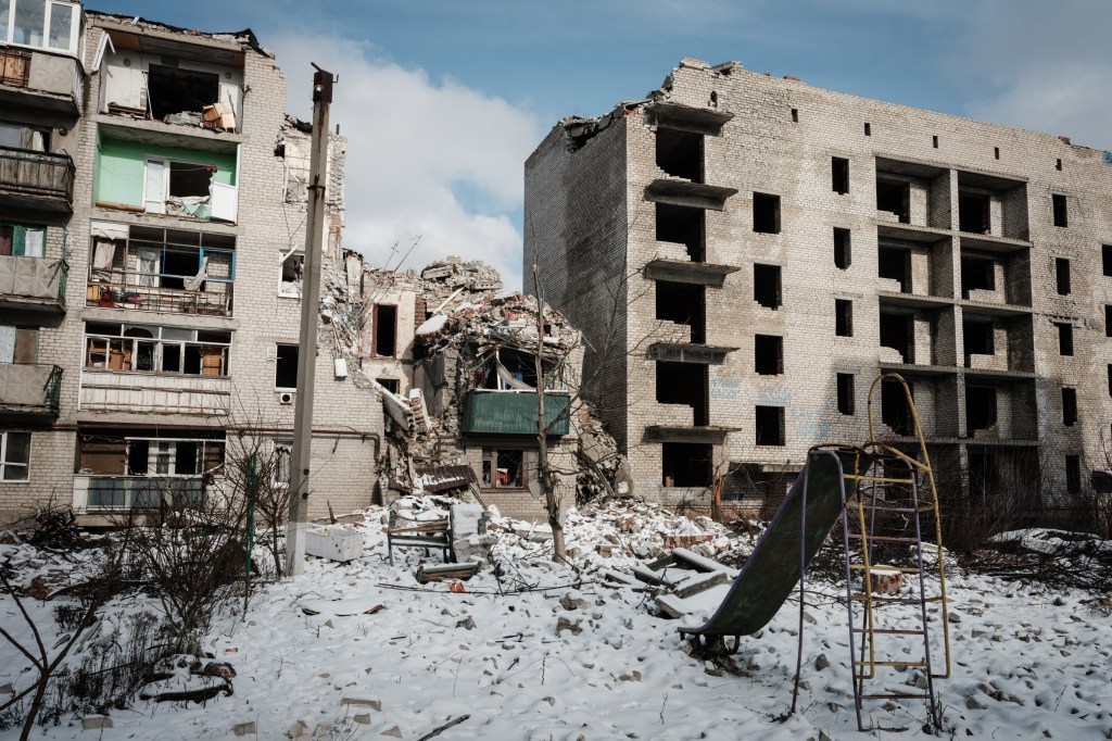 Destroyed buildings in Chasiv Yar, Ukraine.