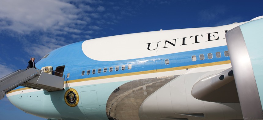 U.S. President Donald Trump boards the current Air Force One at RAF Lossiemouth, on July 29, 2025 in Scotland. 