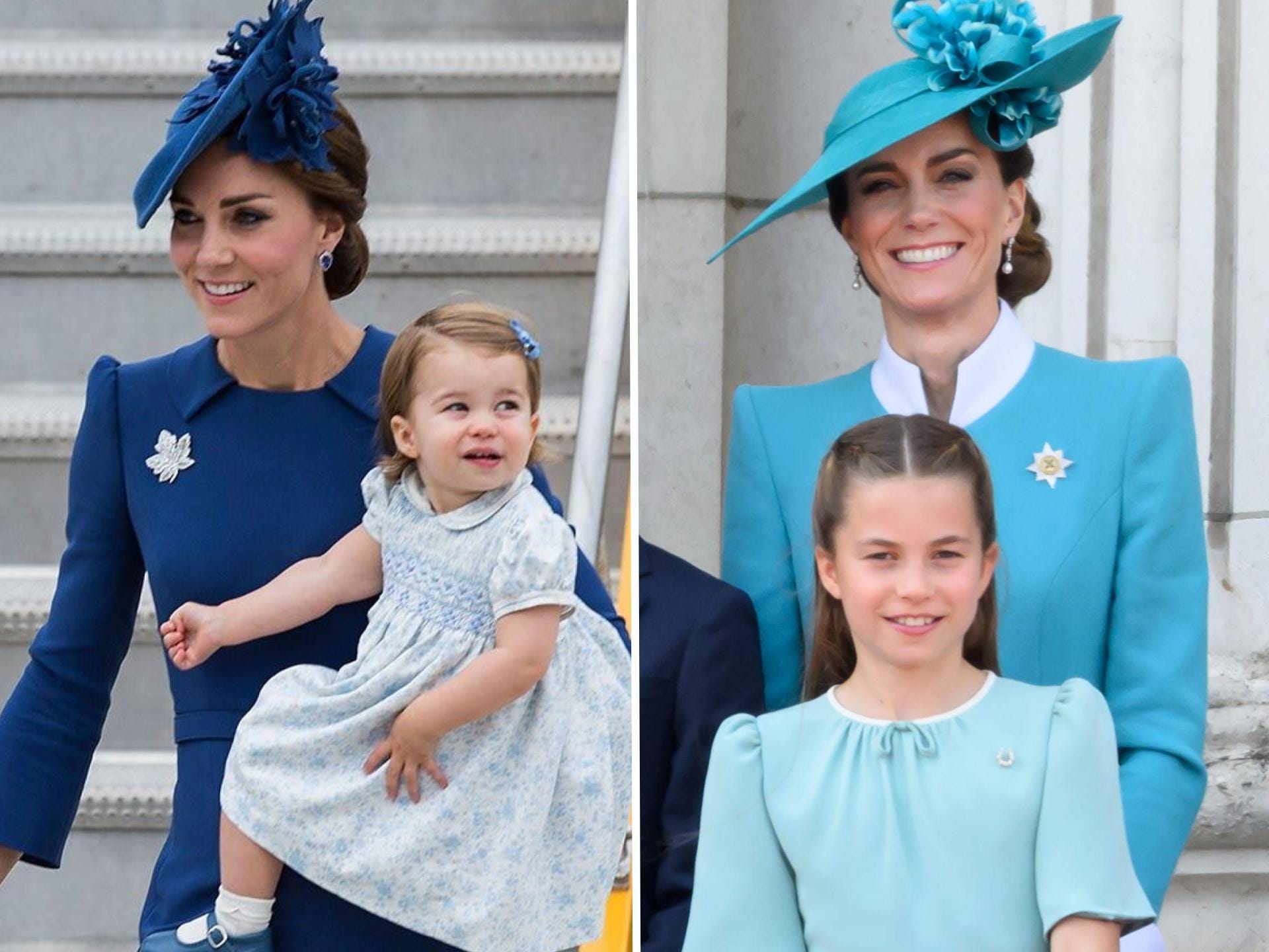 A side-by-side of Princess Charlotte and Kate Middleton in 2016 and 2025.