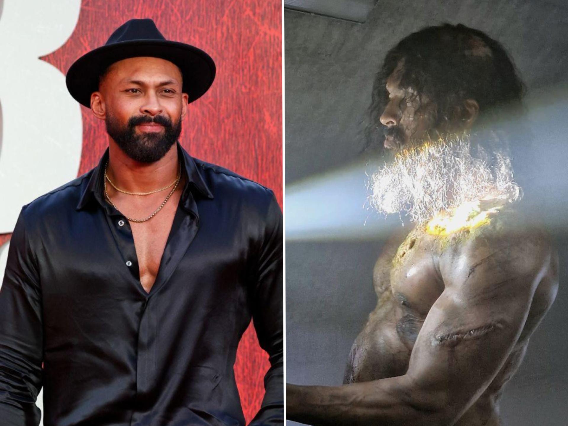 A split image of a man both dressed and shirtless. On the left, he's dressed in a sleek black shirt with an open collar with two gold necklaces on. He has a neatly trimmed black beard and is wearing a black trilby. On the right, he is shirtless and covered in scars. He has long black hair that is illuminated by a torch.