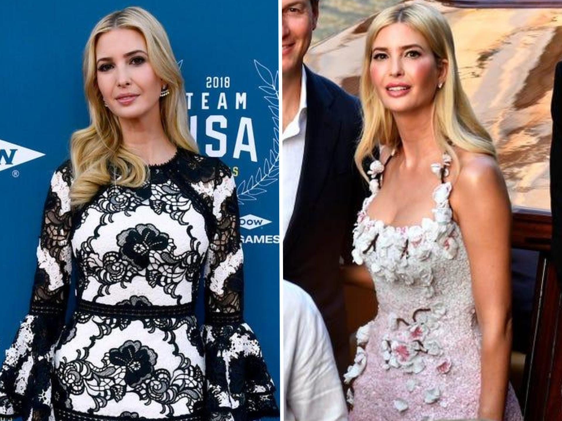 Two photos of Ivanka Trump in different outfits.