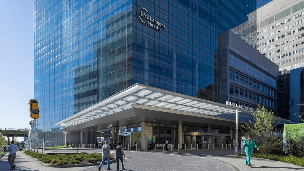 Exterior of NYU Langone Health building.