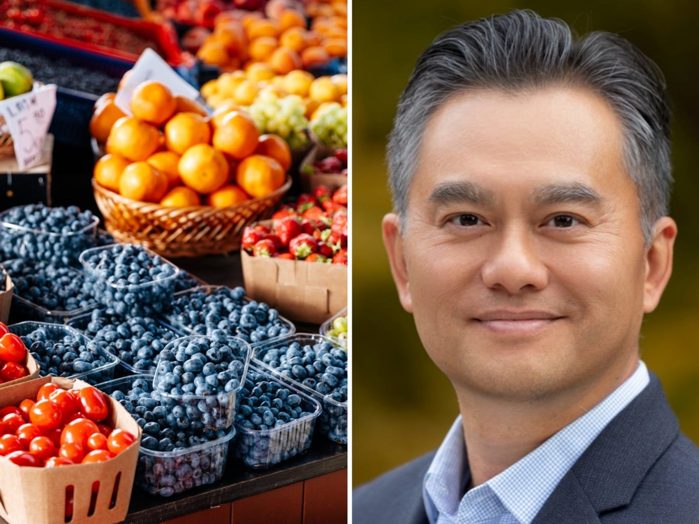 A composite image. On th left, a display of fruits and vegetables at a stall. On the right,  a man in a suit.