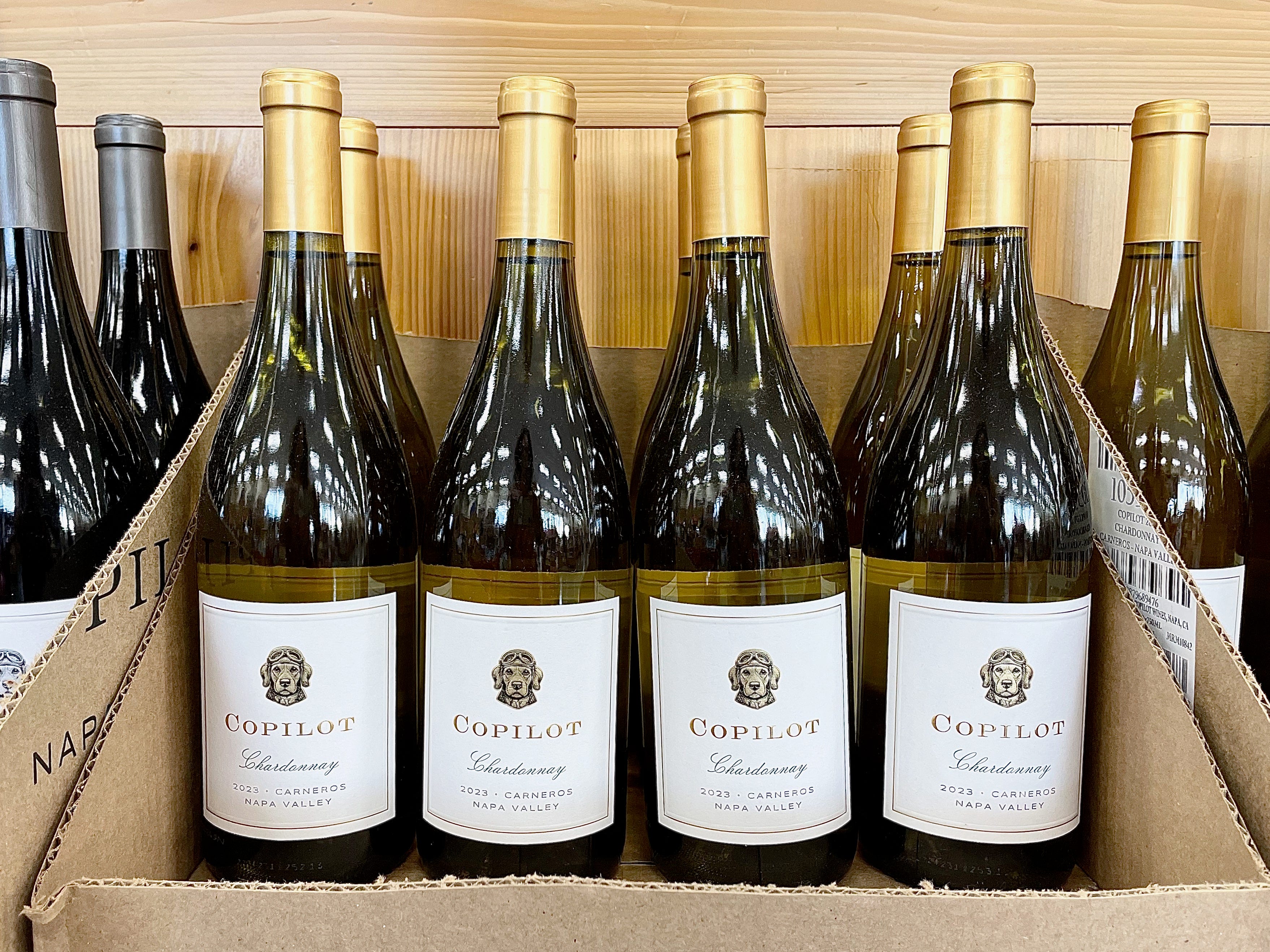 A display of bottles of Copilot chardonnay.