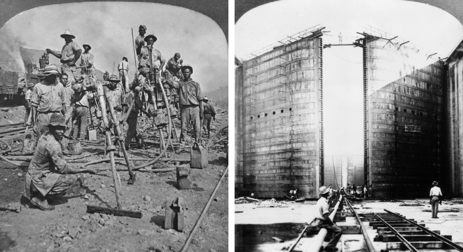 Two black and white images side by side: one shows a group of about a dozen workers, both sitting and standing, some leaning on shovels or poles stuck into the dirt below. The other photo shows a giant open gate of a lock with a comparatively tiny person sitting in the foreground.