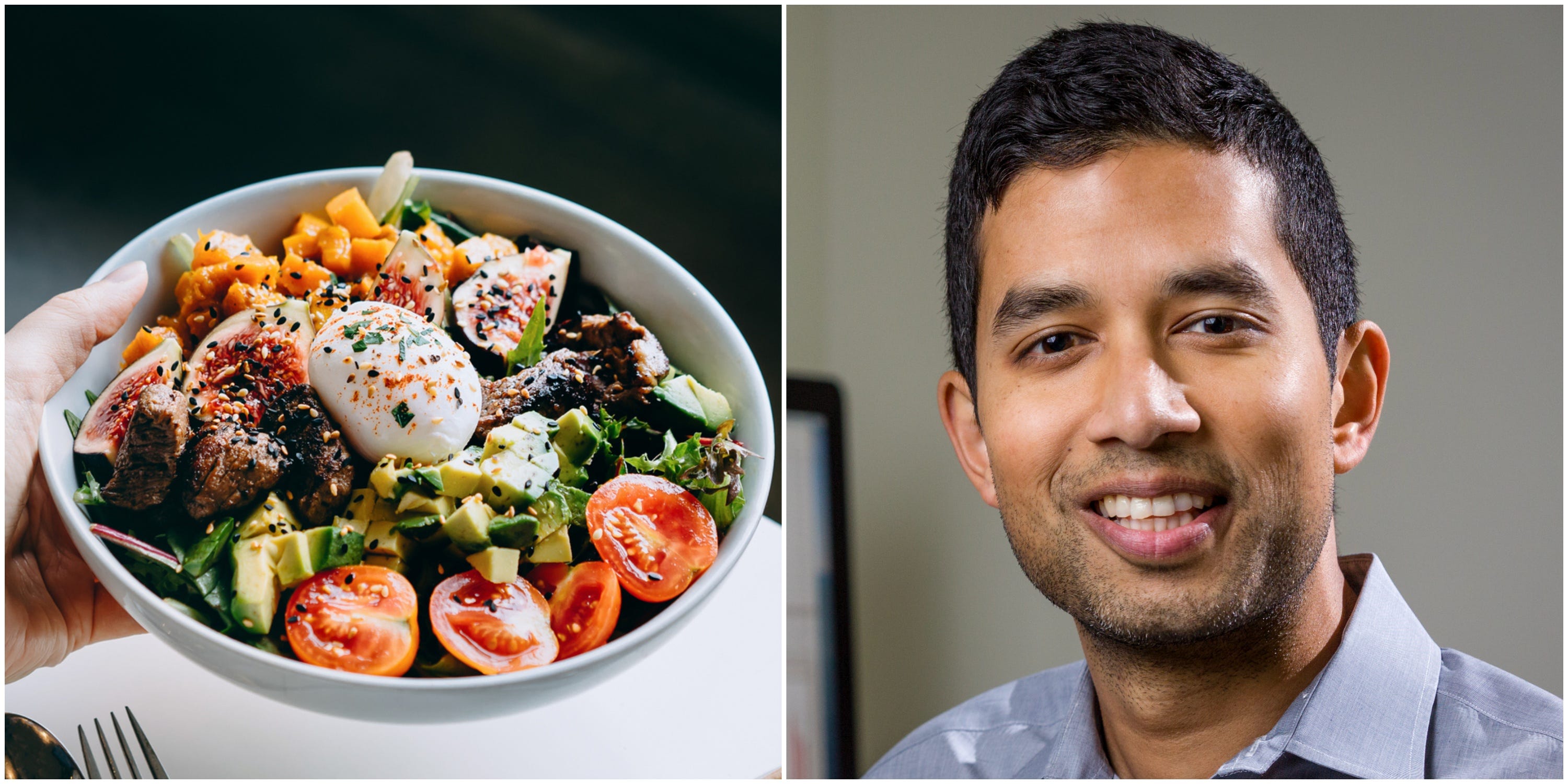 A composite image. On the left, a salad. On the right, a man smiling.