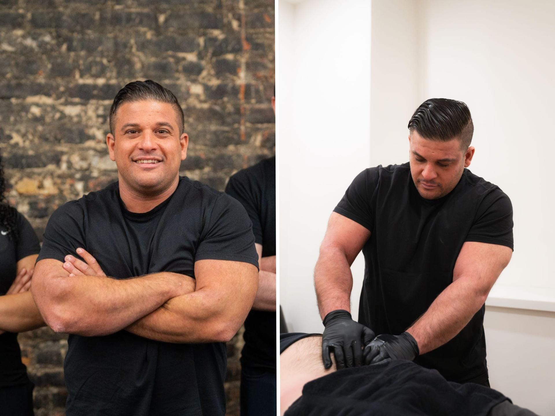 A composite image. On the left, a man smiles with his arms crossed. On the right, a physical therapist touches a patient's stomach.