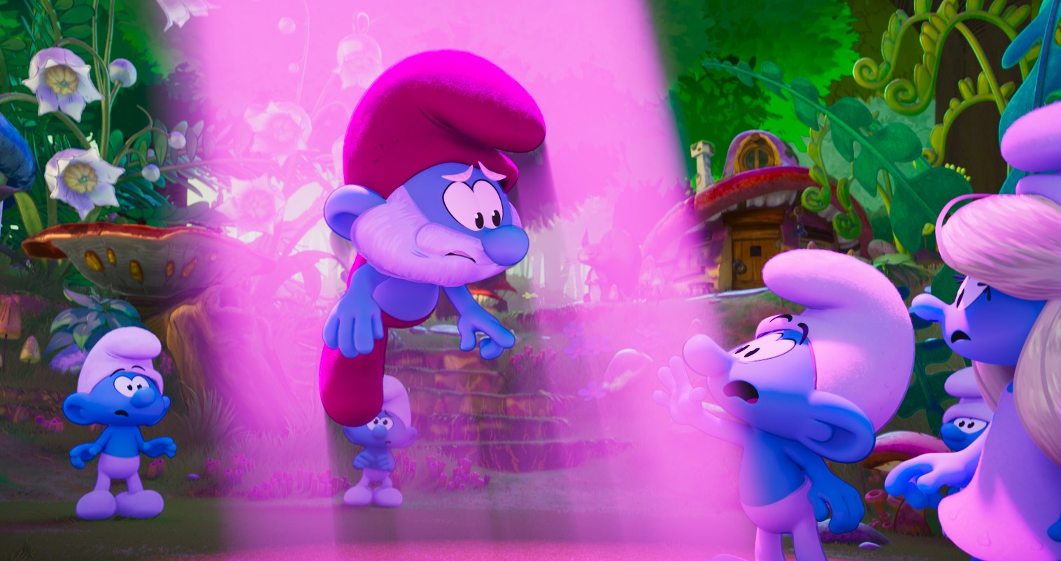 Papa Smurf is sucked up in a purple tractor beam in the 2025 Smurfs movie