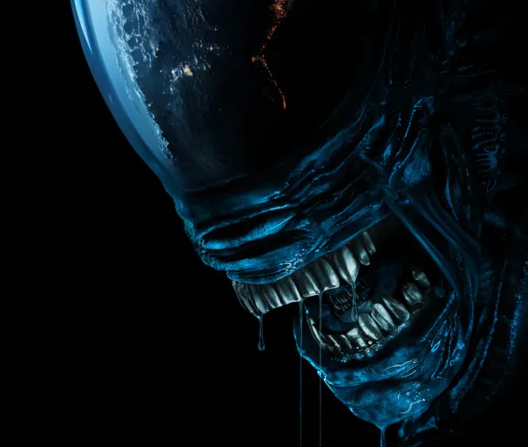 A black alien alien mouth with silver teeth, it is dripping with goo.