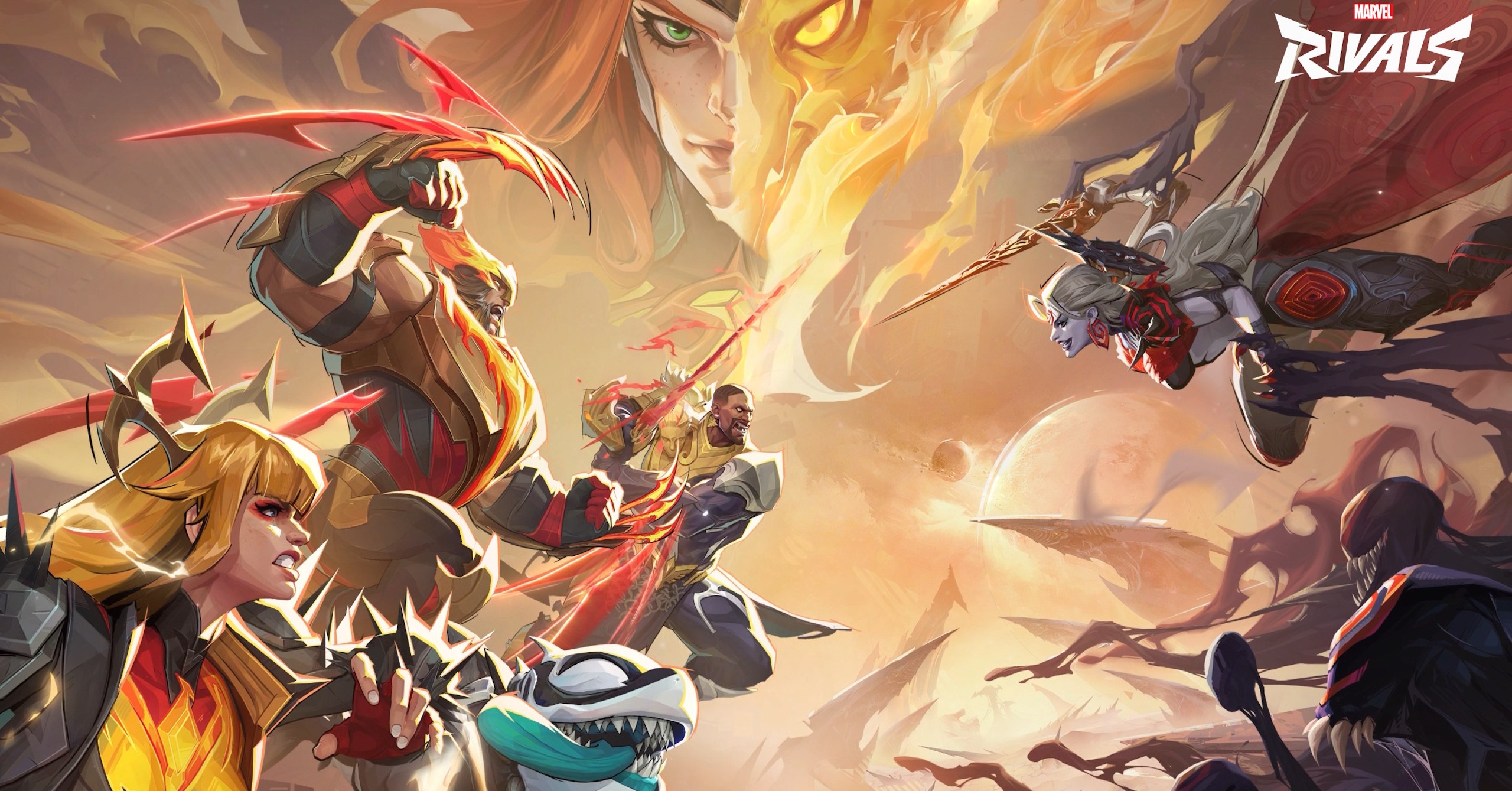 The Marvel Rivals Season 3 key art, featuring Magik, Blade, and Jeff the Land Shark facing off against a Symbiote with Phoenix in the background