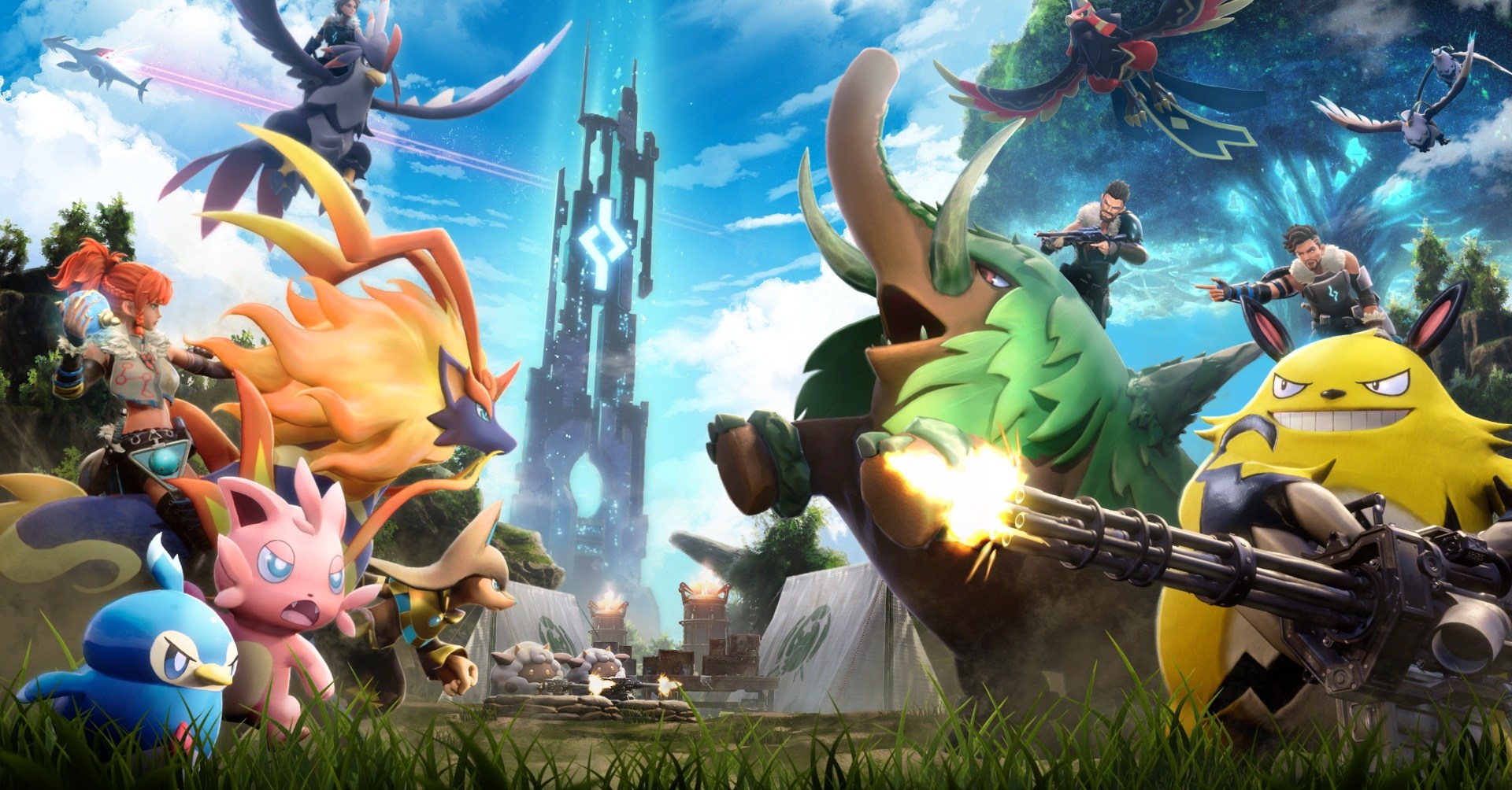 A bunch of Pals face off in battle in key art for Palworld.