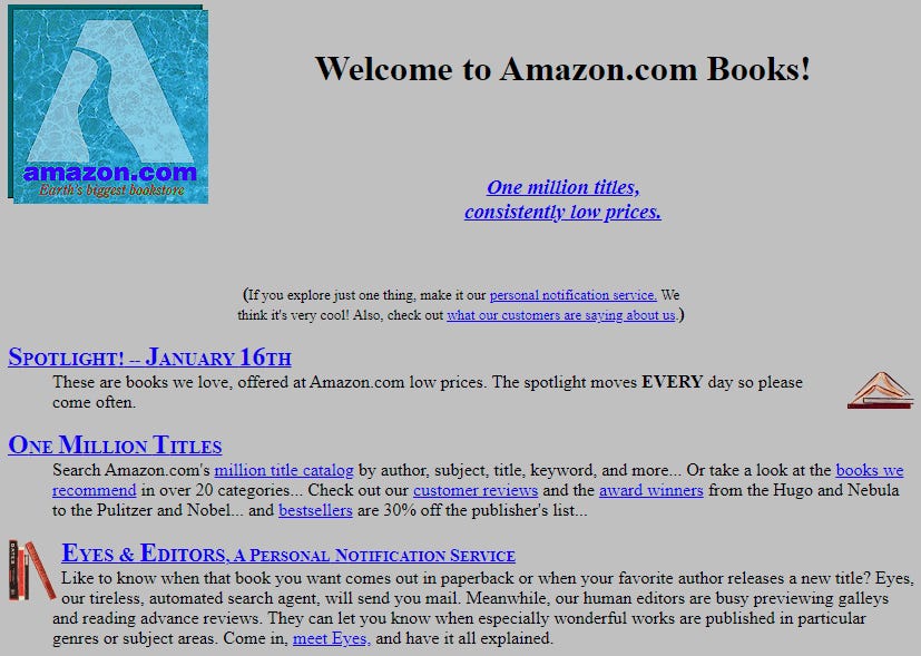 Amazon's website in 1995, featuring a title reading