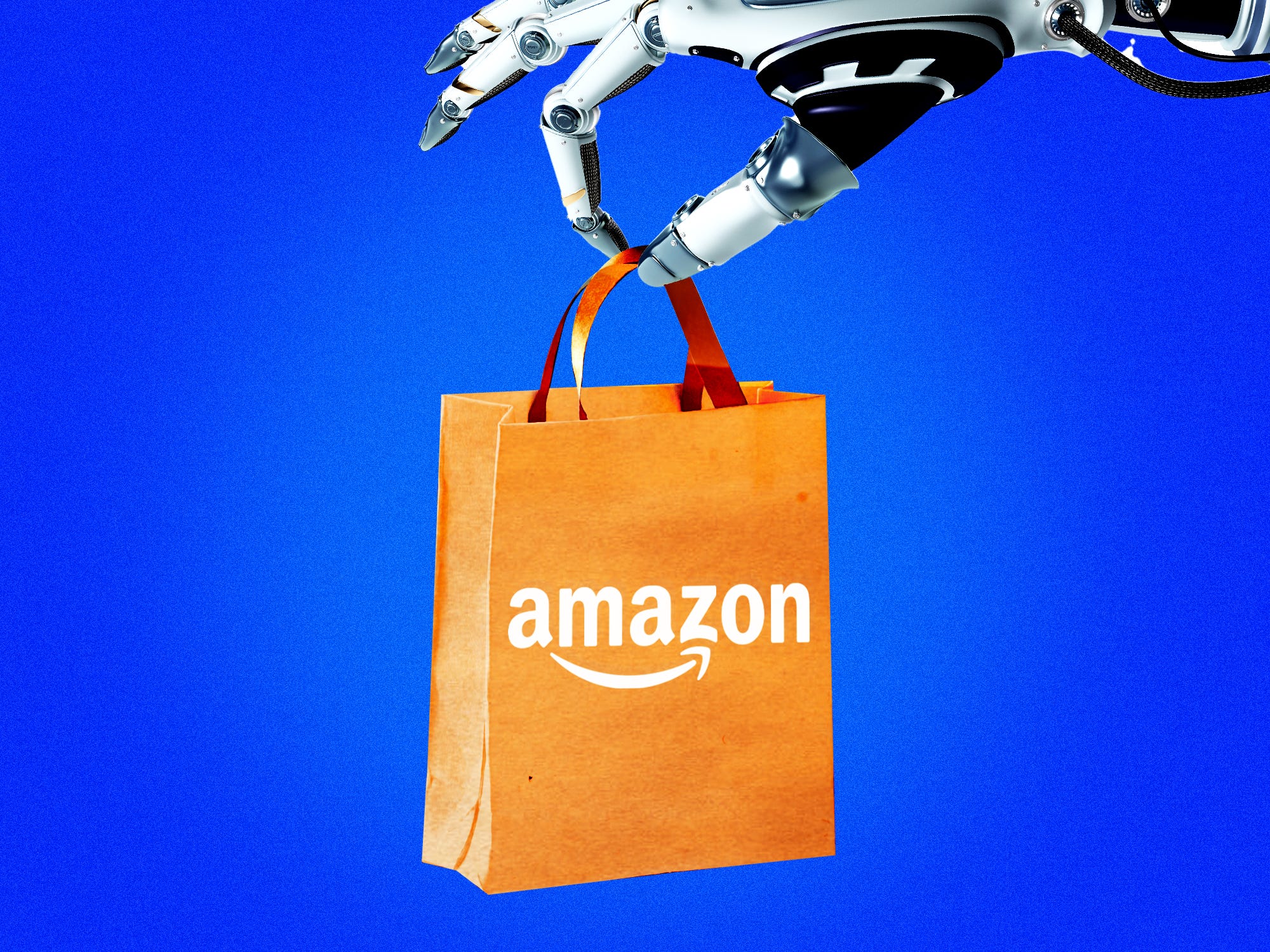 AI Robot hand holding a bag with the Amazon logo.