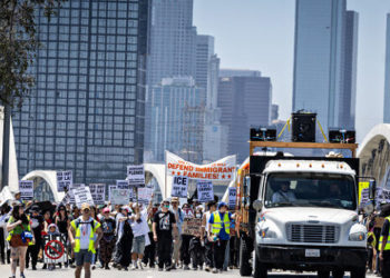 Anti-ICE Protesters Block 6th Street Bridge in Downtown Los Angeles