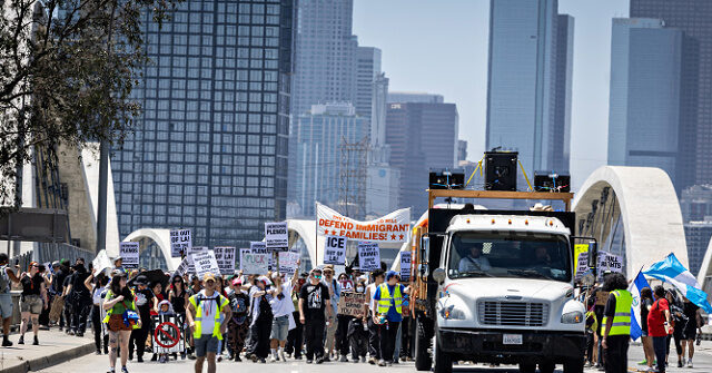 Anti-ICE Protesters Block 6th Street Bridge in Downtown Los Angeles