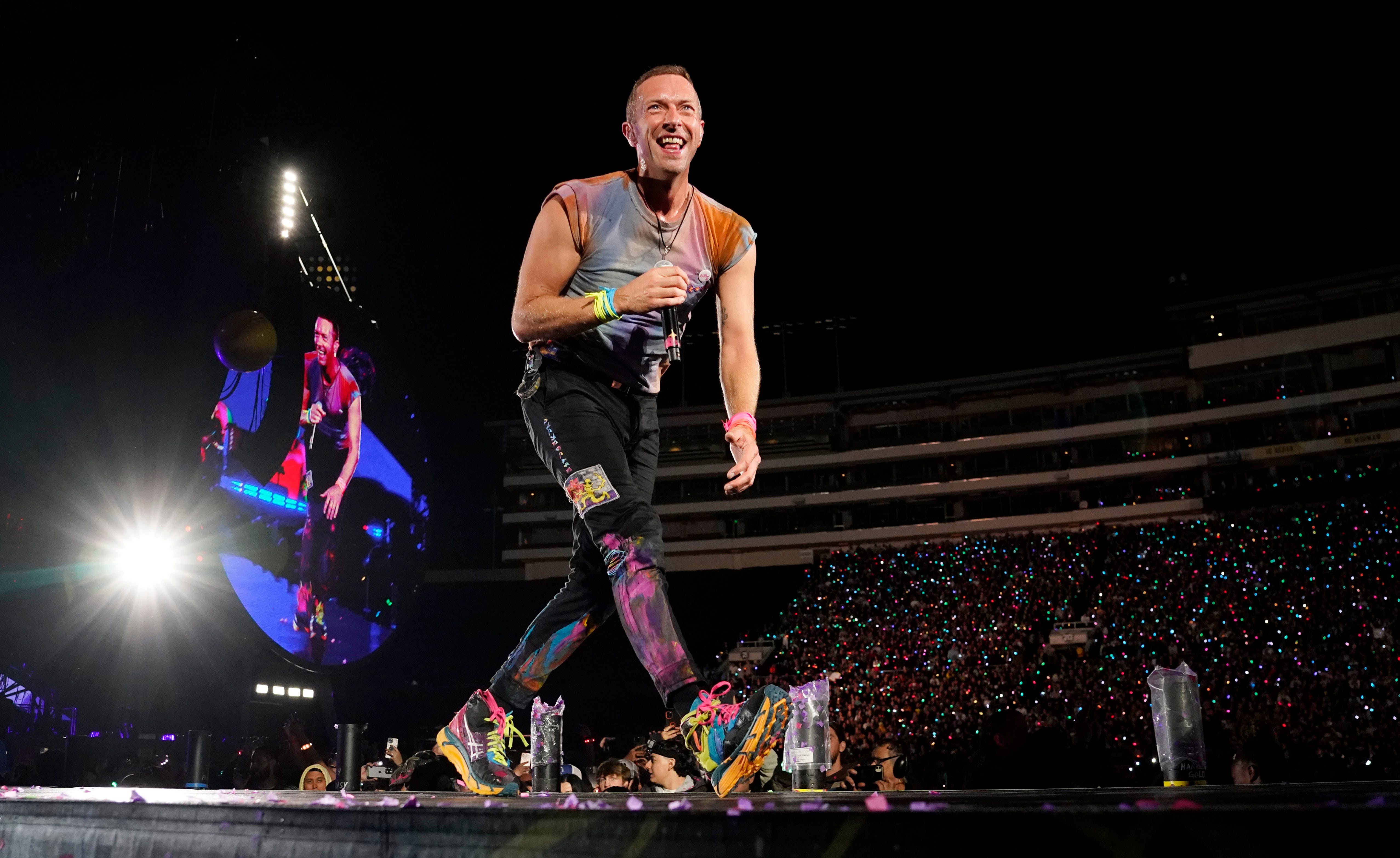 Chris Martin of Coldplay performs at the Rose Bowl, Saturday, Sept. 30, 2023, in Pasadena, Calif.