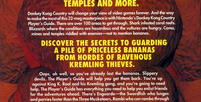 The back of a player guide for a Donkey Kong game back in the 90s, which prominently displays DK’s butt. 