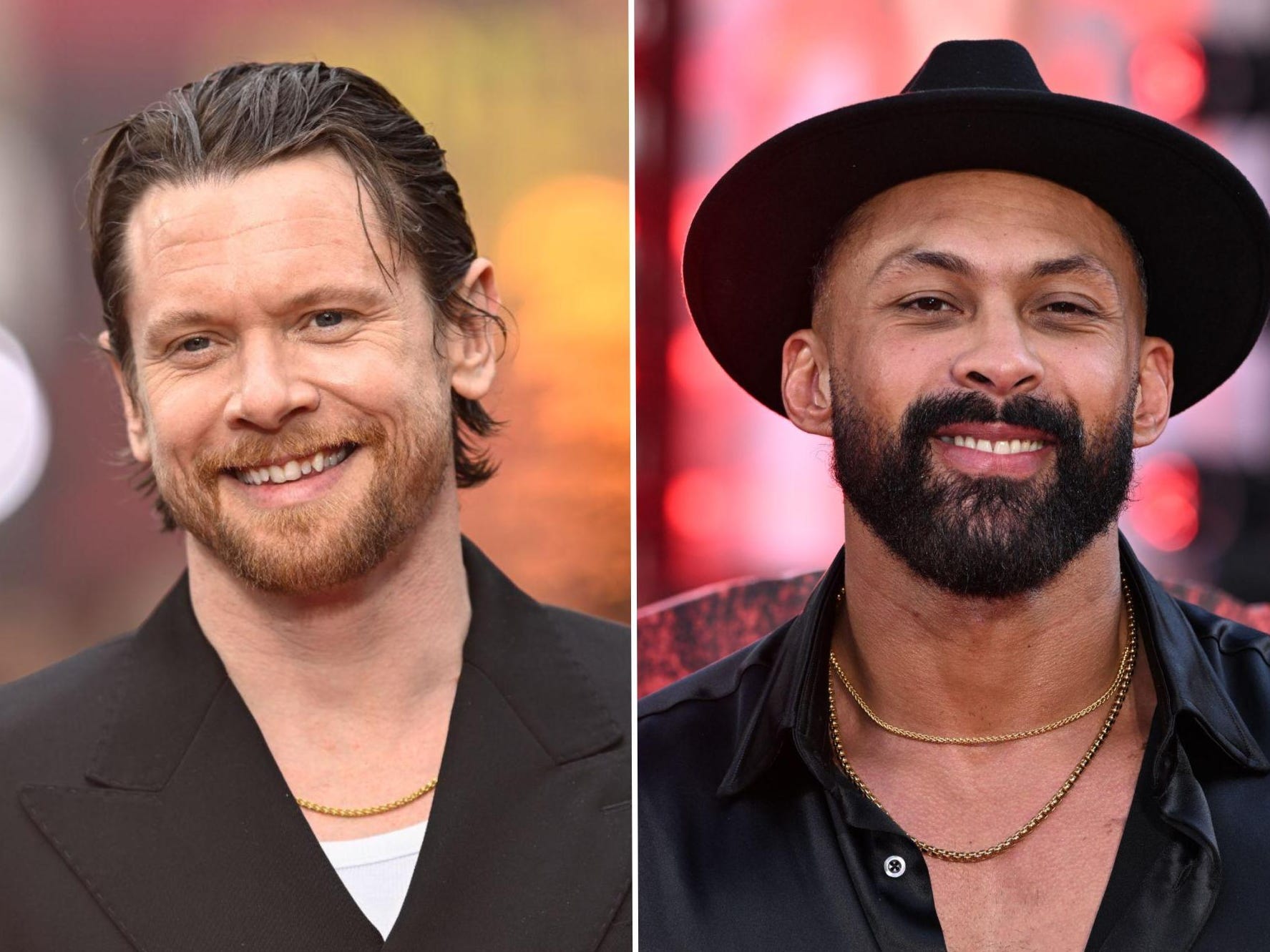 A split image of two men. On the left, the man has slicked-back brown hair and a ginger beard. He's wearing a brown double-breasted blazer and a gold chain. On the right, the man has a neat black beard and is wearing a black trilby. He's wearing a black shirt with an open collar and two gold chains.