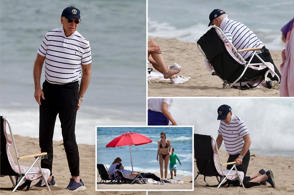 Biden struggles to set up beach chair in Malibu during first Fourth of July weekend since leaving office
