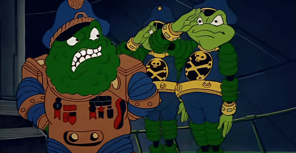 Frix and Frax salute Air Marshal who glowers at them in Bucky O’Hare and the Toad Wars!