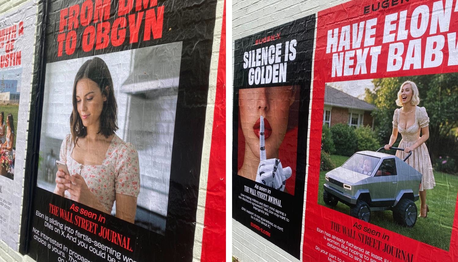 Three red-and-black posters include slogans such as 