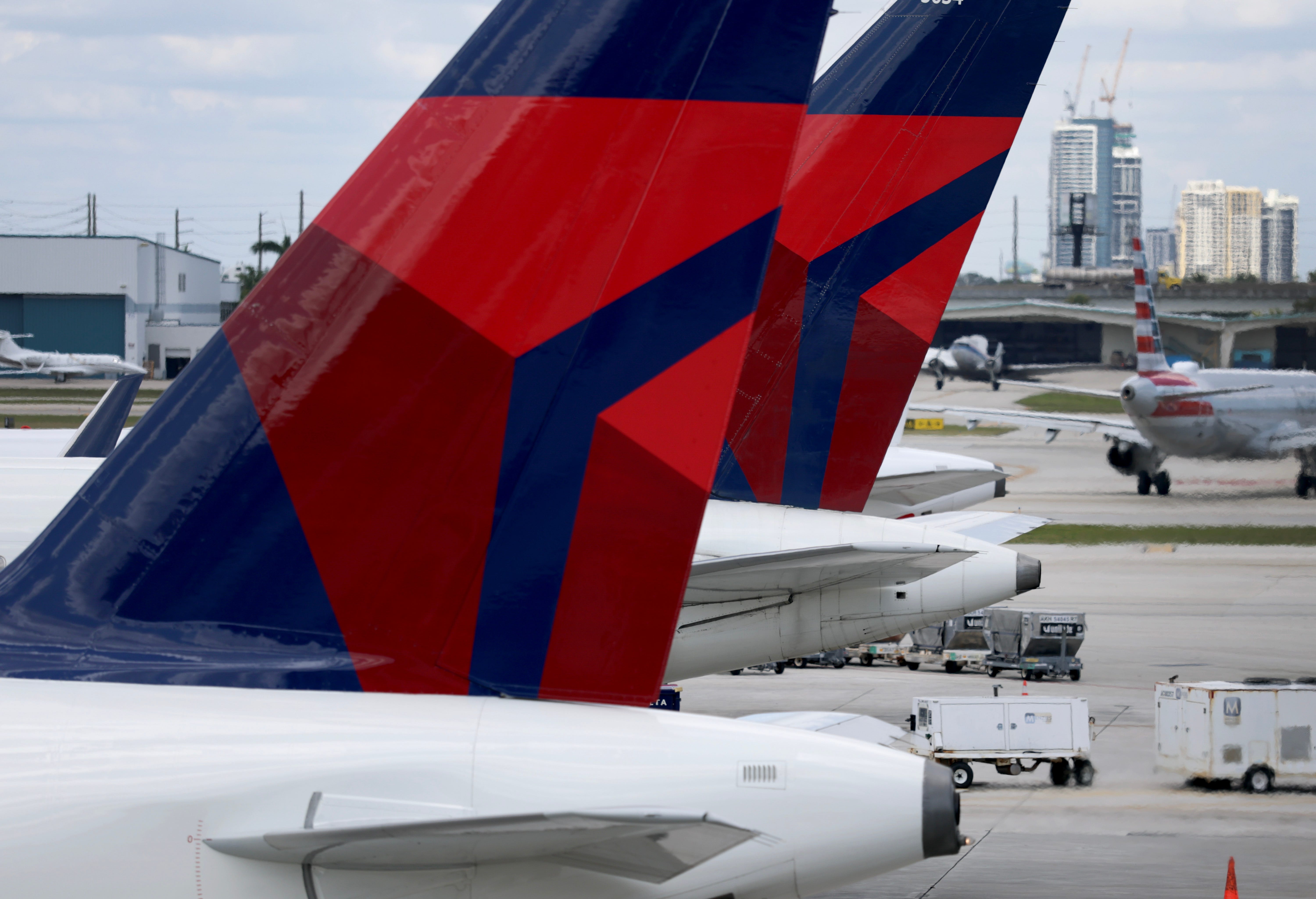 : Delta Air Lines planes park at the Fort Lauderdale-Hollywood International Airport on April 09, 2025 in Fort Lauderdale, Florida.