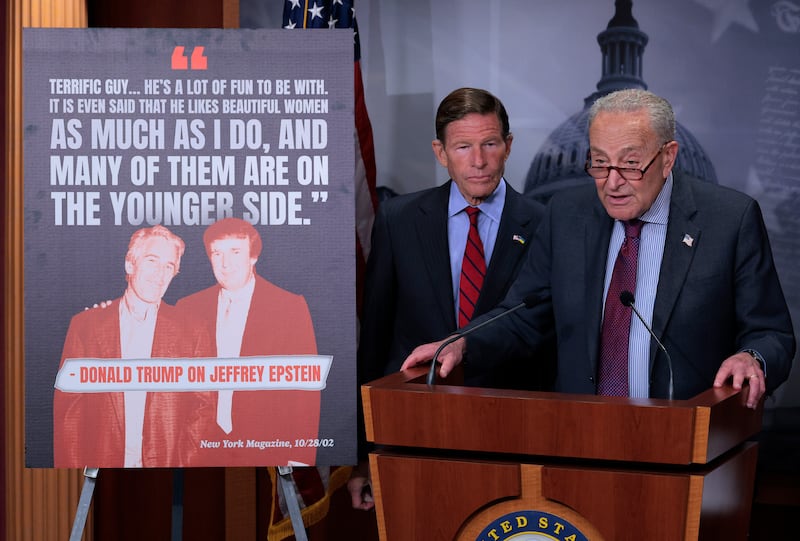Senate Minority Leader Charles Schumer spoke at a press conference on July 30 after Democrats on the Senate Homeland Security and Governmental Affairs Committee invoked a little known law to demand the Justice Department turn over the Epstein files.