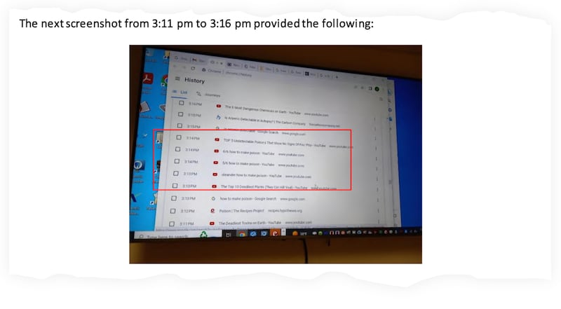 A screenshot of Craig’s search history for various poisonous substances