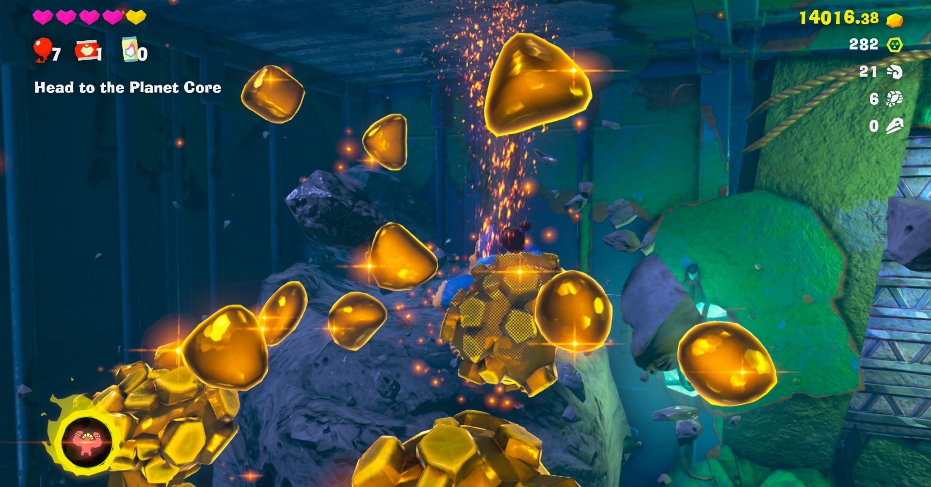 Large and small golden chunks flying through the air in Donkey Kong Bananza