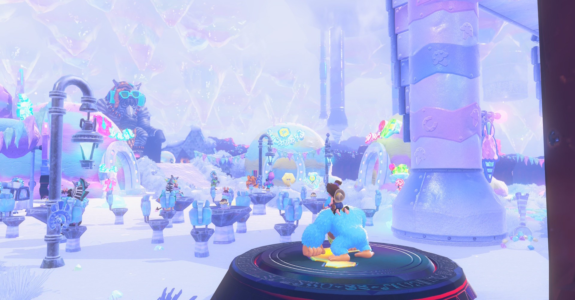 DK in Donkey Kong Bananza looking across the Freezer Layer with the Zebra Elder in the distance