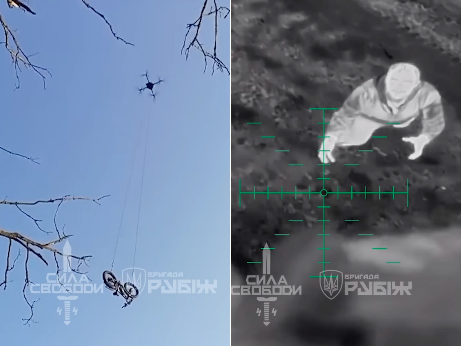 One photo shows a Heavy Shot quadcopter appearing to carry an e-bike, while another shows the camera of the quadcopter appearing to drop the bike to the soldier.