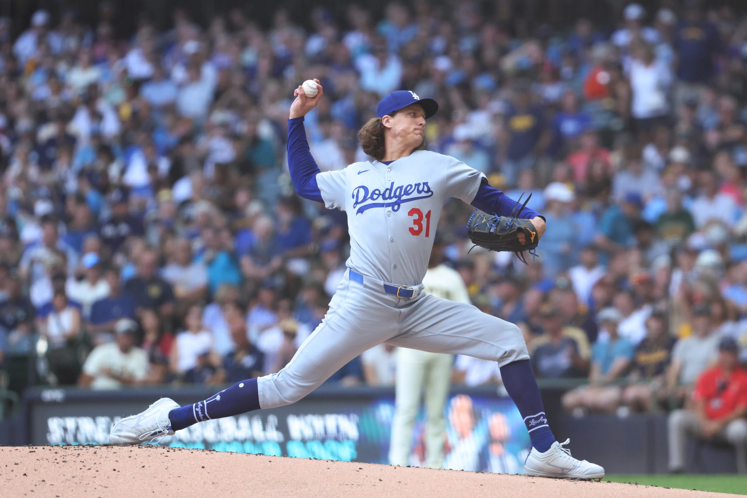 Tyler Glasnow is pictured pitching for the Los Angeles Dodgers.