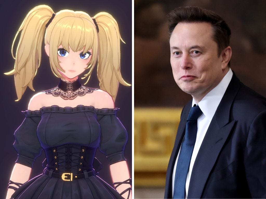 Picture of Grok companion Ani; Elon Musk wearing a suit.