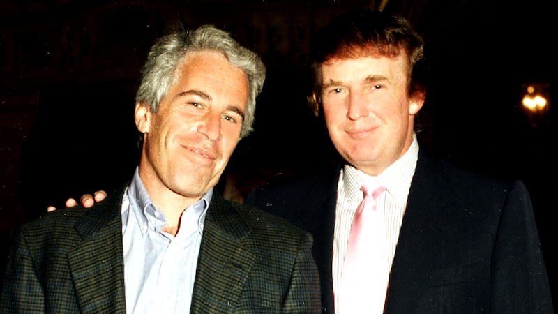 Portrait of American financier Jeffrey Epstein (left) and real estate developer Donald Trump as they pose together at the Mar-a-Lago estate, Palm Beach, Florida, 1997.(Photo by Davidoff Studios/Getty Images)