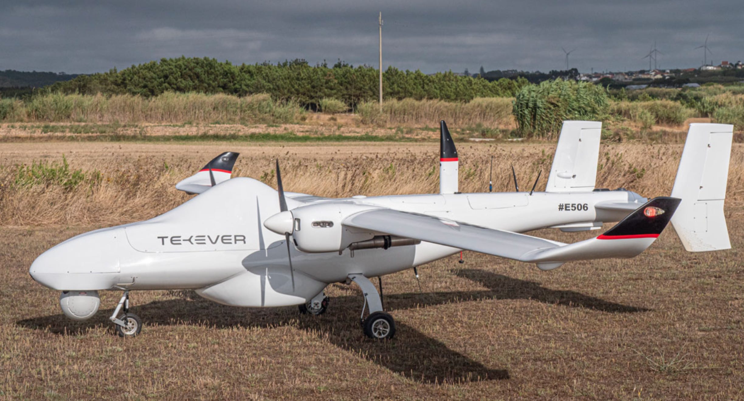 A Tekever uncrewed aerial vehicle on the ground.
