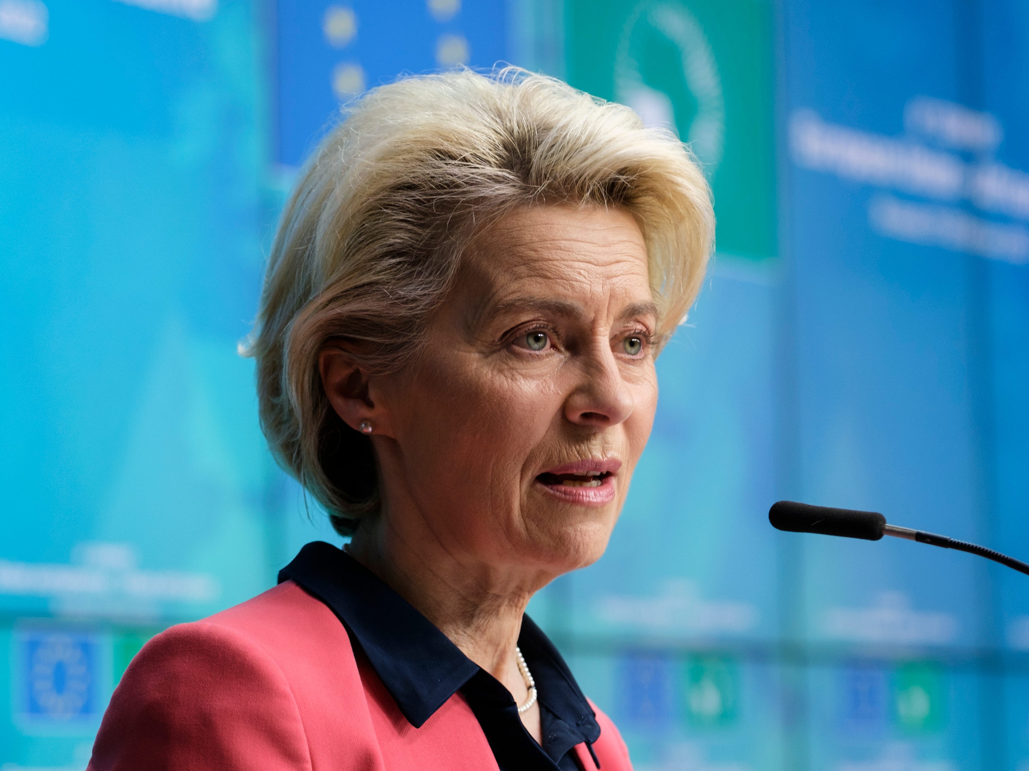 President of the European Commission Ursula von der Leyen is talking to media at the end of the second day of an EU Africa Summit on February 17, 2022 in Brussels, Belgium.