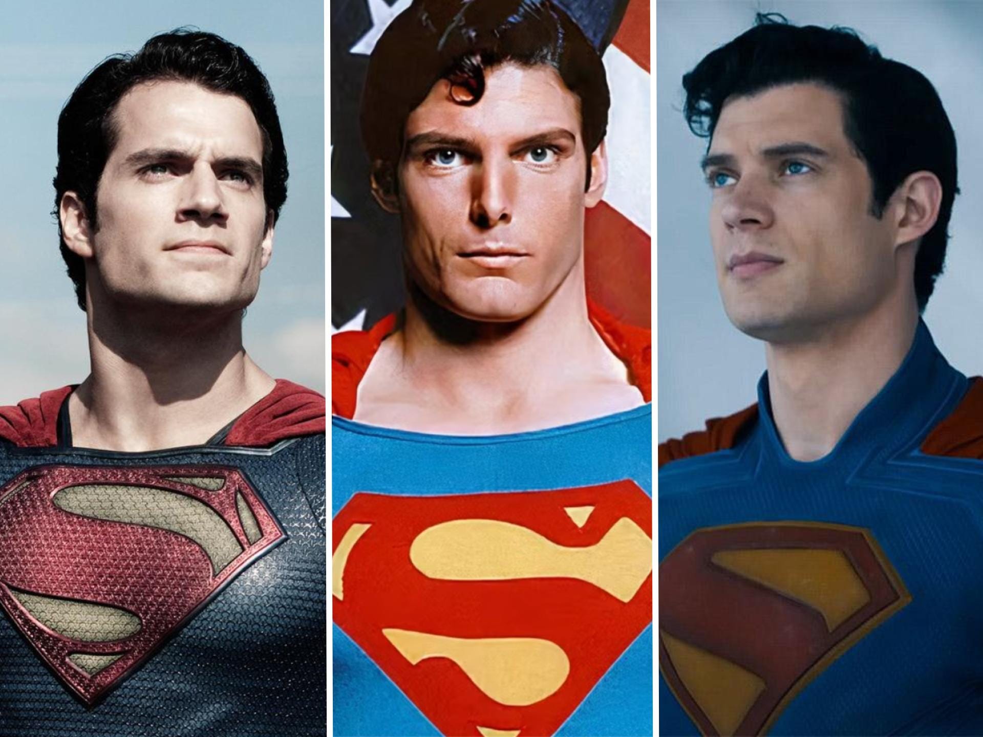 A triple split image of three men, all dressed in red and blue costumes, but in different styles. They all have black hair that is slicked back. Each costume has a large diamond S symbol on the chest.