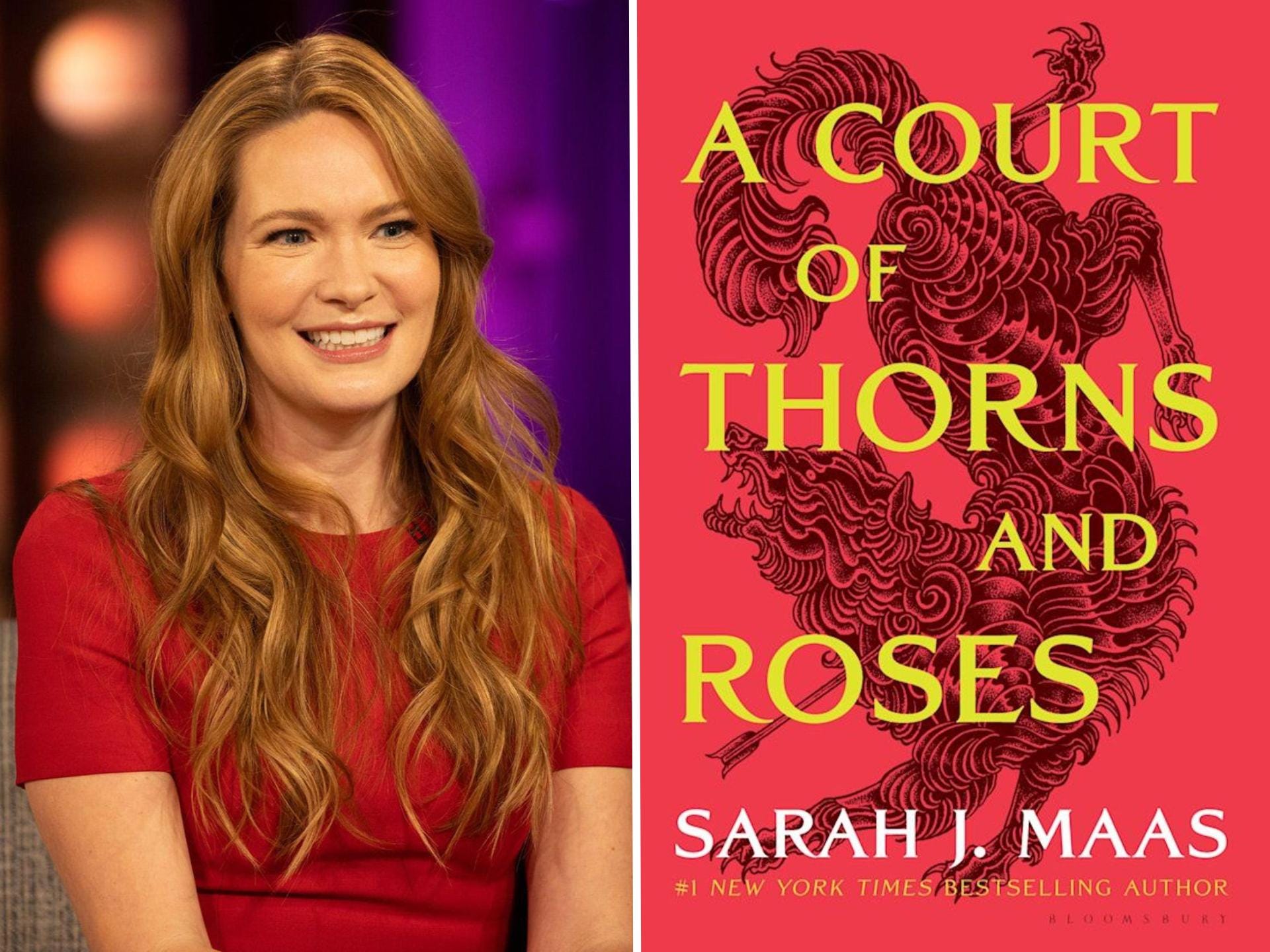 A side-by-side of Sarah J. Maas and the cover of "A Court of Thorns and Roses."
