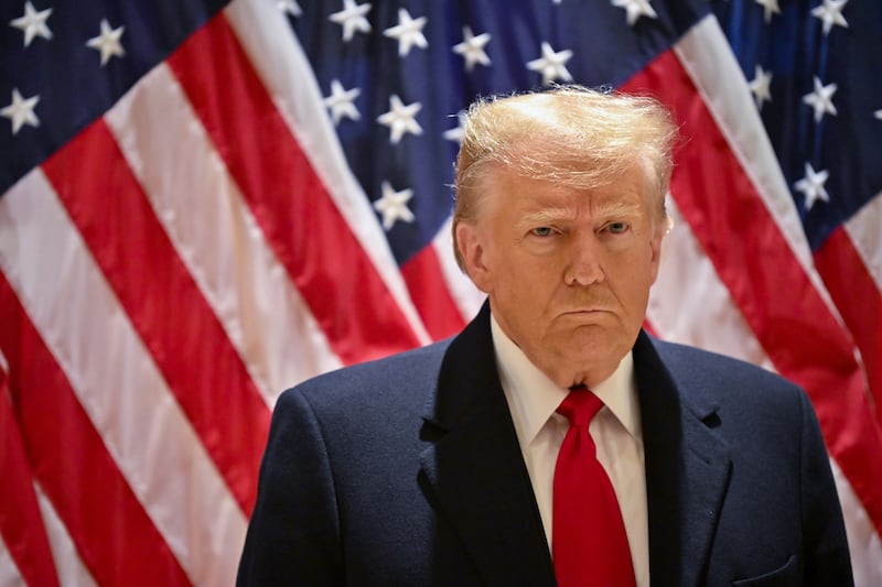 Donald Trump speaks at a press conference at 40 Wall Street on January 17, 2024 in New York City