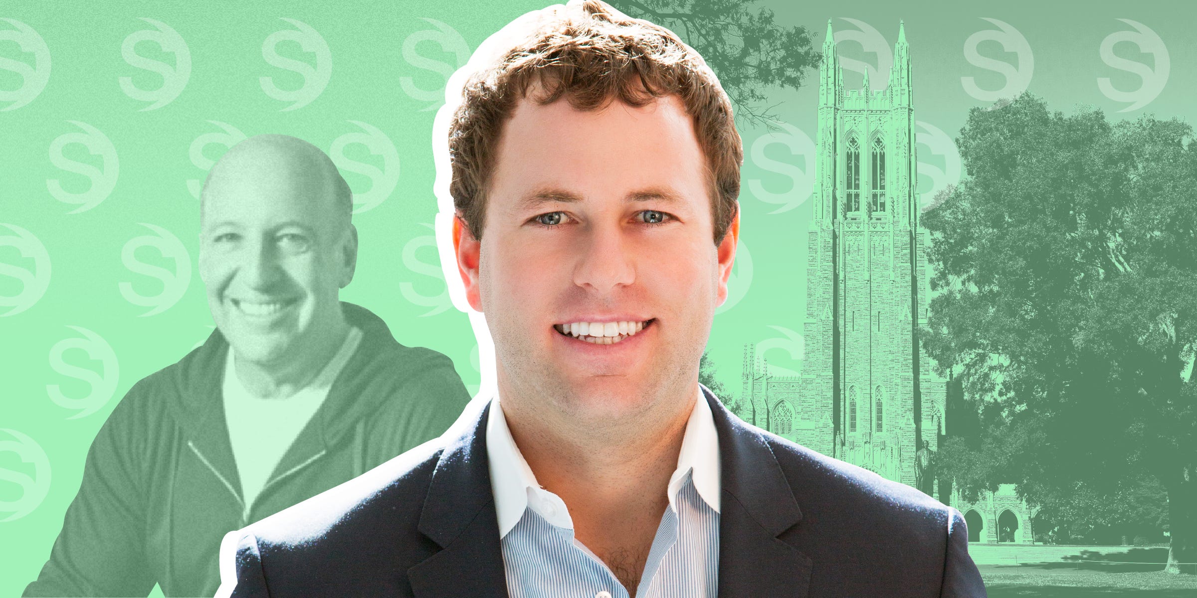 headshot of ryan tolkin against a green background with faded images of duke university, steven schonfeld, and the schonfeld logo