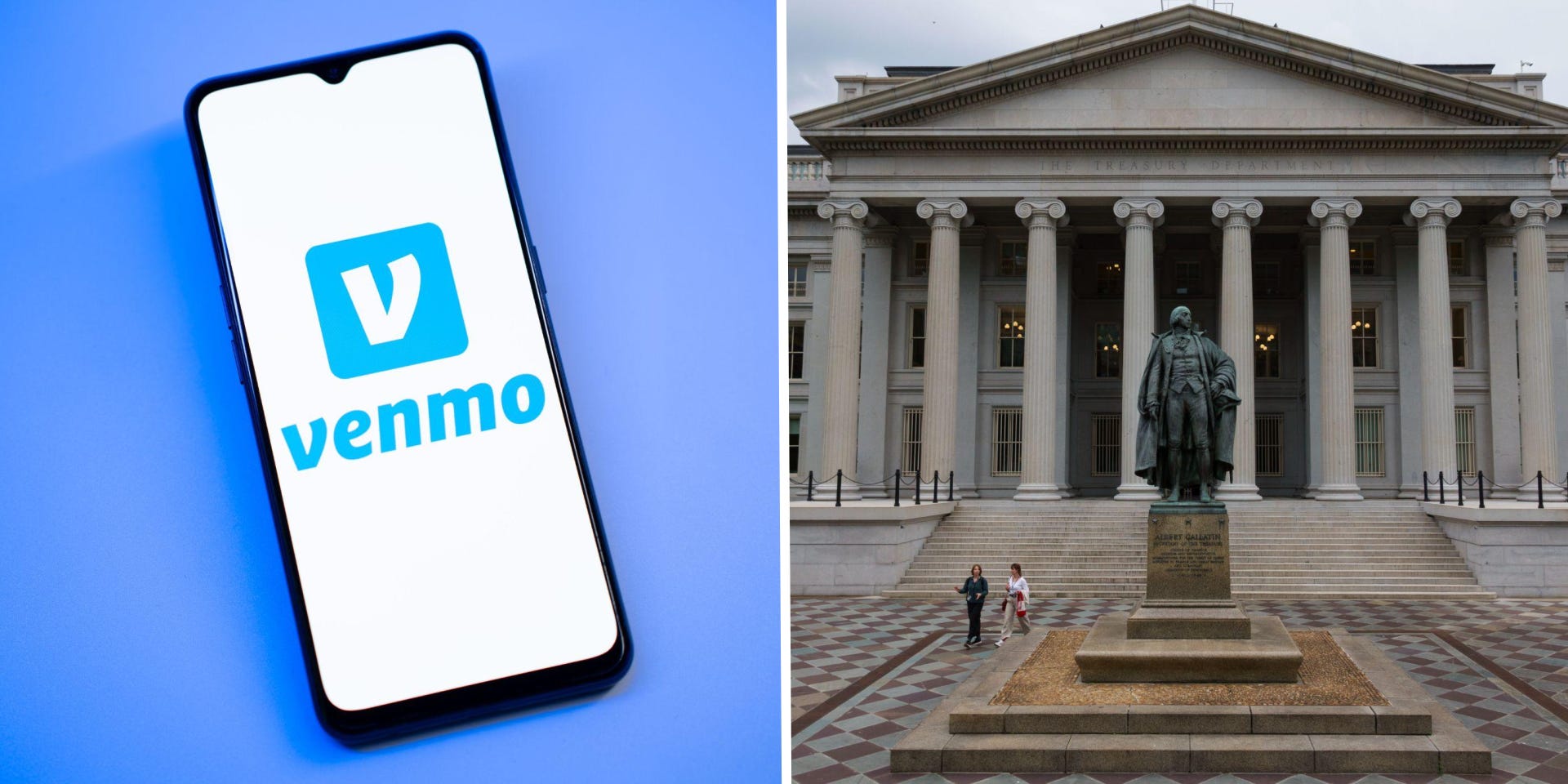 A phone with Venmo on it, the exterior of the US Treasury Building