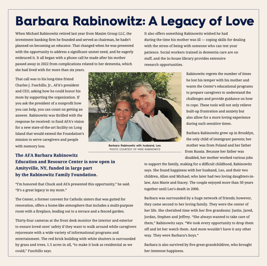 Newspaper article about Barbara Rabinowitz and the opening of the AFA Barbara Rabinowitz Education and Resource Center.