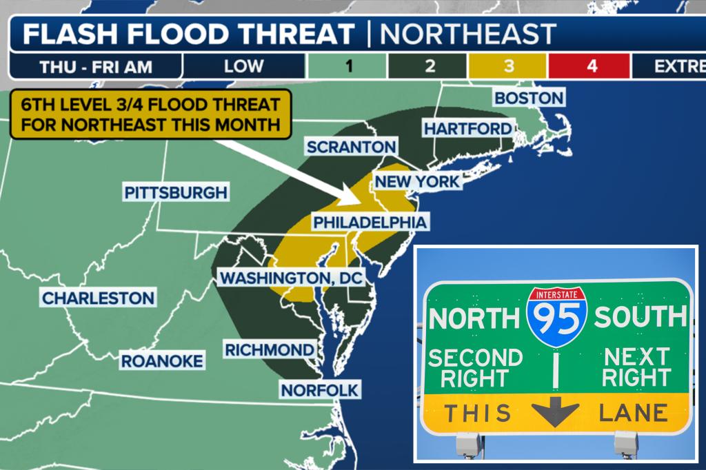 Flash flood threat building for I-95 corridor in Northeast to end the workweek