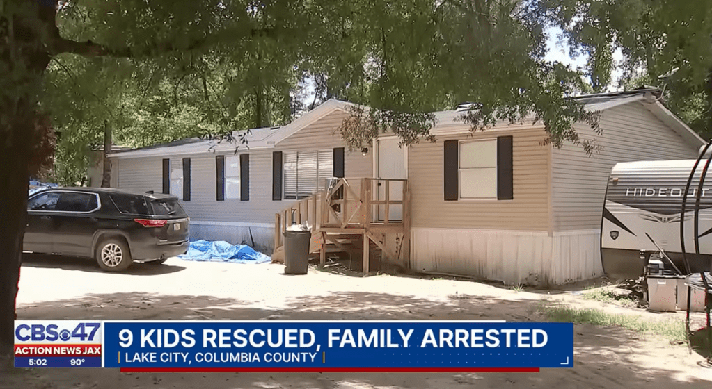 The mobile home where the Griffeths lived with their nine children before their arrest on July 22, 2025.