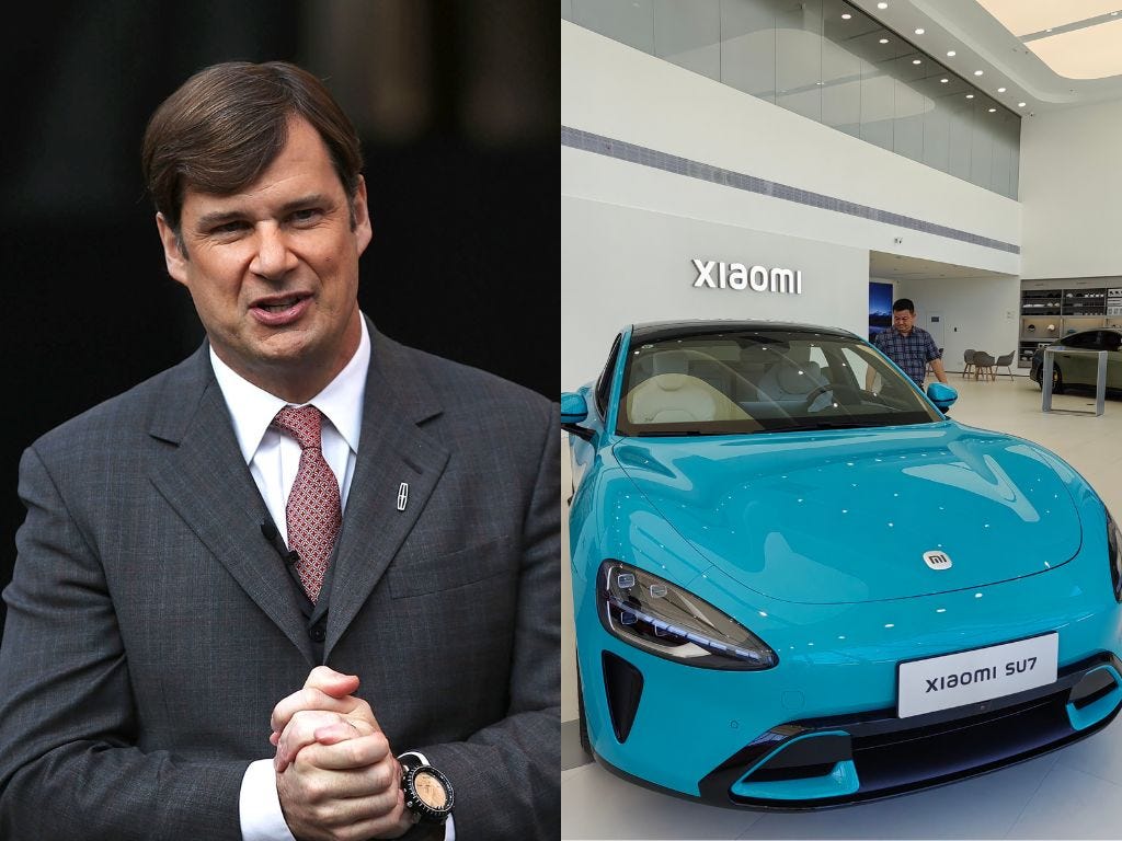 A composite image of Jim Farley and a Xiaomi SU7 in a showroom.