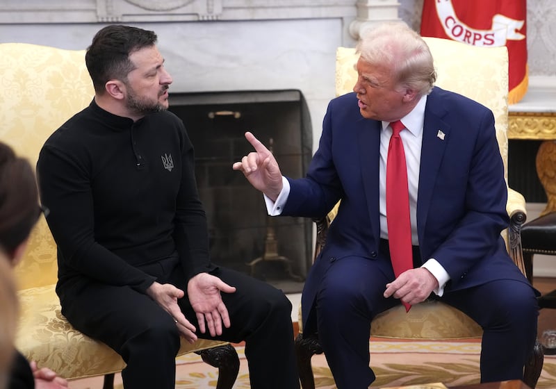 WASHINGTON, DC - FEBRUARY 28: U.S. President Donald Trump and Ukrainian President Volodymyr Zelensky meet in the Oval Office at the White House on February 28, 2025 in Washington, DC. Trump and Zelensky are meeting today to negotiate a preliminary agreement on sharing Ukraine’s mineral resources that Trump says will allow America to recoup aid provided to Kyiv while supporting Ukraine’s economy. (Photo by Andrew Harnik/Getty Images)