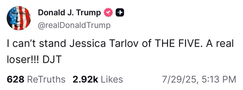 Donald Trump posts about Jessica Tarlov on Truth Social.