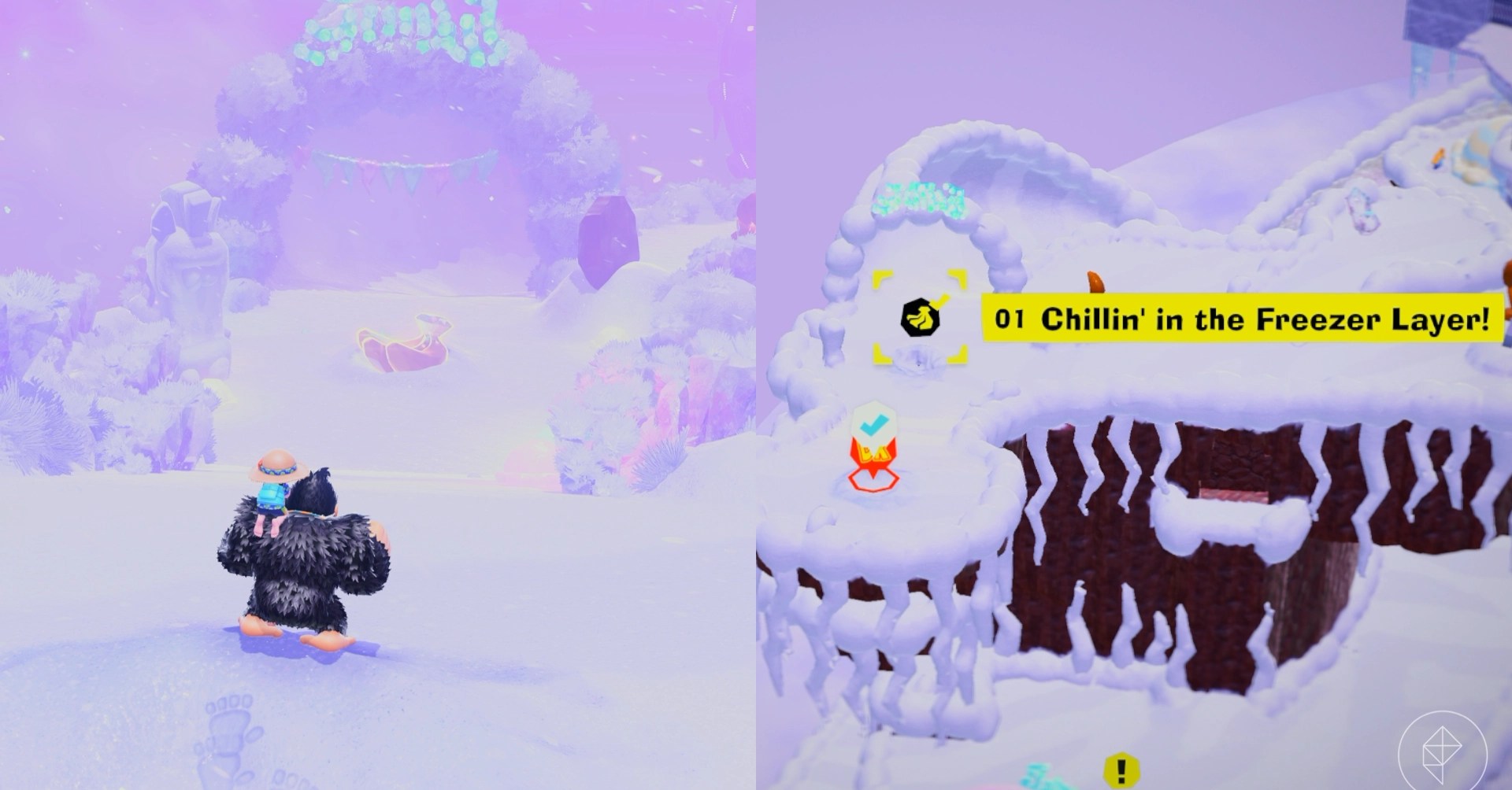 Donkey Kong stands in the snow while looking for Freezer layer bananas in a split image that shows Freezer banandium gem locations in Donkey Kong Bananza